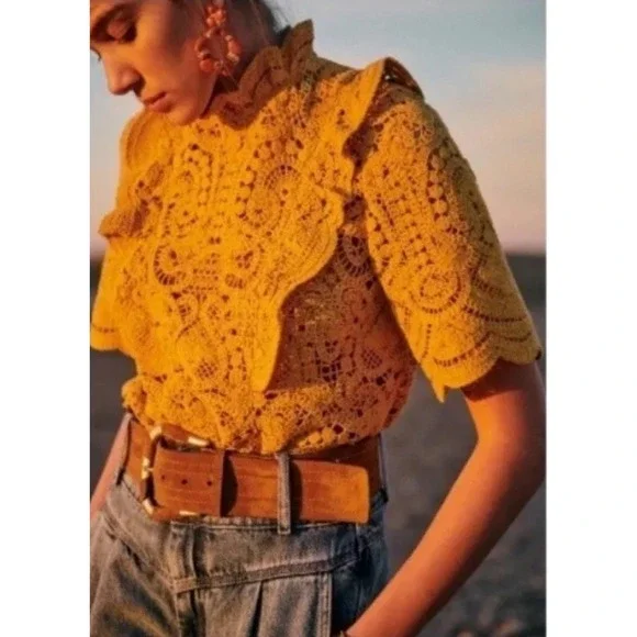 SEZANE Blouse Pauletta Mustard Size 44 Crochet Vintage Inspired US 16 - Picture 9 of 9